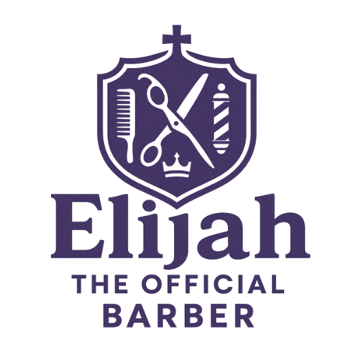 Elijah The Official Barber logo with hairstyling tools on shield