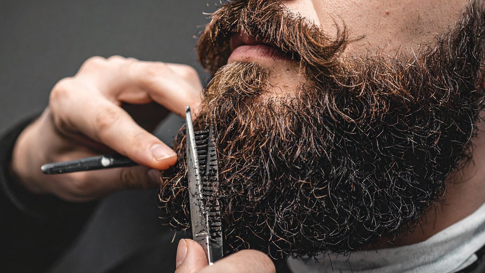 Close-up of beard trimming with scissors, focusing on detailed hair texture